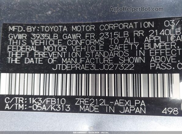 JTDEPRAE3LJ027322 2020 TOYOTA LL Light Blue Vista del compartimento del motor