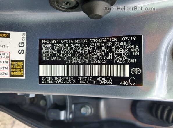 JTDEPRAE3LJ064662 2020 TOYOTA LL Синий Вид наклейки с VIN-кодом
