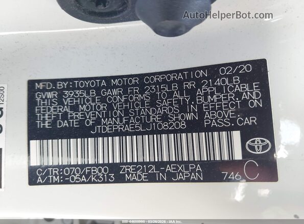 JTDEPRAE5LJ108208 2020 TOYOTA LL White Widok komory silnika