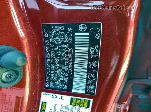 JTDKAMFU5N3153227 2022 TOYOTA PRIUS Red Widok naklejki z numerem VIN