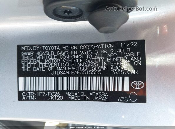 JTDS4MCE6P3515525 2023 TOYOTA LL Silver Vista del compartimento del motor