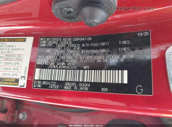 JTERU5JR3M5863692 2021 TOYOTA 4RUNNER Red Vista del compartimento del motor