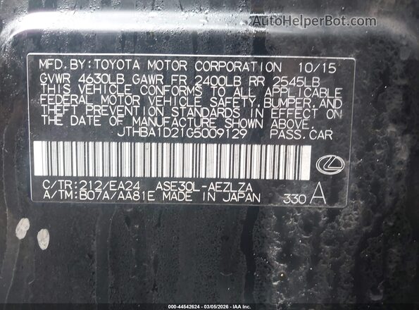 JTHBA1D21G5009129 2016 LEXUS IS 200T Black Вид підкапотного простору