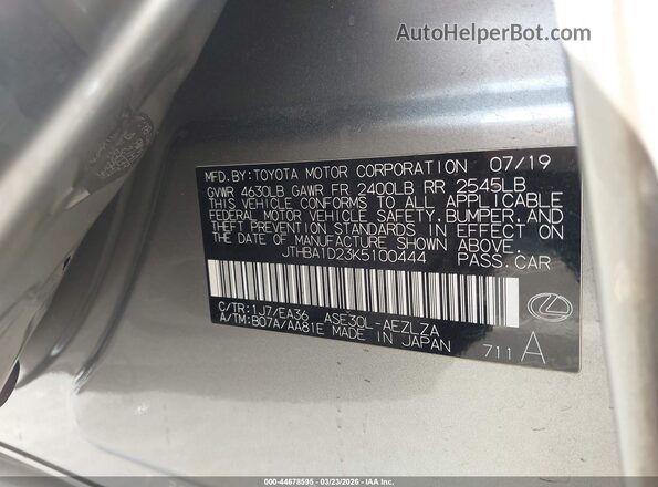 JTHBA1D23K5100444 2019 LEXUS IS 300 Silver Вид підкапотного простору