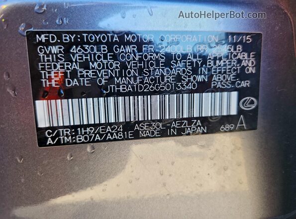 JTHBA1D26G5013340 2016 LEXUS IS Серый Вид наклейки с VIN-кодом