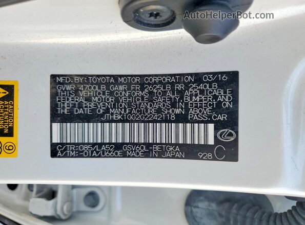 JTHBK1GG2G2242118 2016 LEXUS ES Белый Вид наклейки с VIN-кодом