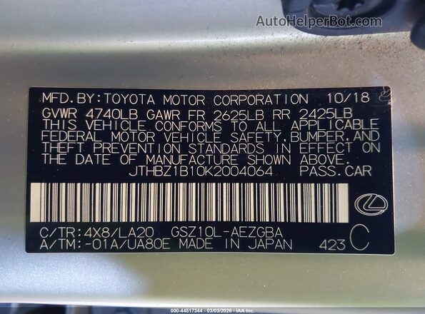 JTHBZ1B10K2004064 2019 LEXUS ES 350 Beige Շարժիչի բաժամունքի տեսք