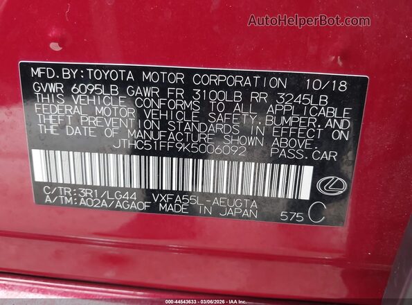 JTHC51FF9K5006092 2019 LEXUS LS 500 Красный Вид подкапотного пространства