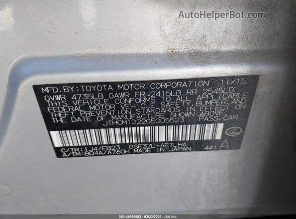 JTHCM1D22G5005523 2016 LEXUS IS 300 Silver Vista del compartimento del motor