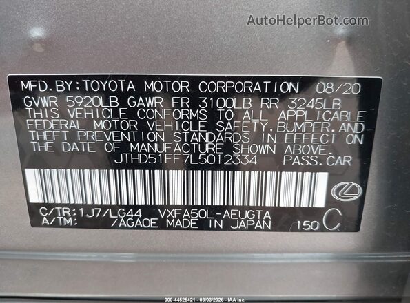 JTHD51FF7L5012334 2020 LEXUS LS 500 Silver Շարժիչի բաժամունքի տեսք