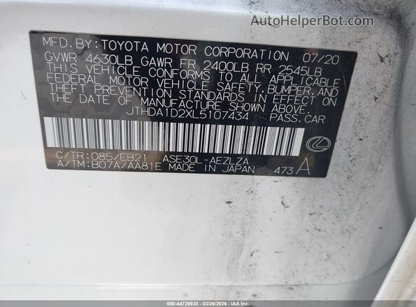 JTHDA1D2XL5107434 2020 LEXUS IS 300 White Widok komory silnika