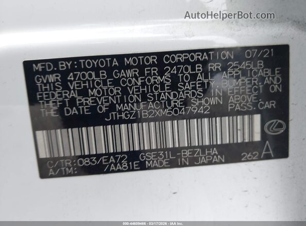 JTHGZ1B2XM5047942 2021 LEXUS IS 350 Белый Вид подкапотного пространства