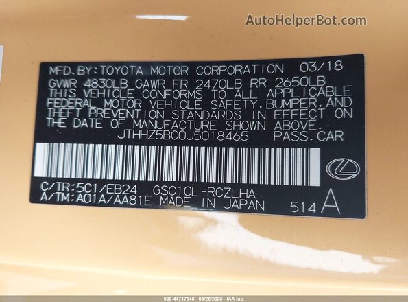 JTHHZ5BC0J5018465 2018 LEXUS RC 350 Желтый Вид подкапотного пространства