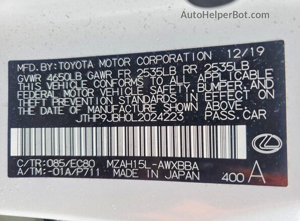 JTHP9JBH0L2024223 2020 LEXUS UX White Vista de la etiqueta del VIN