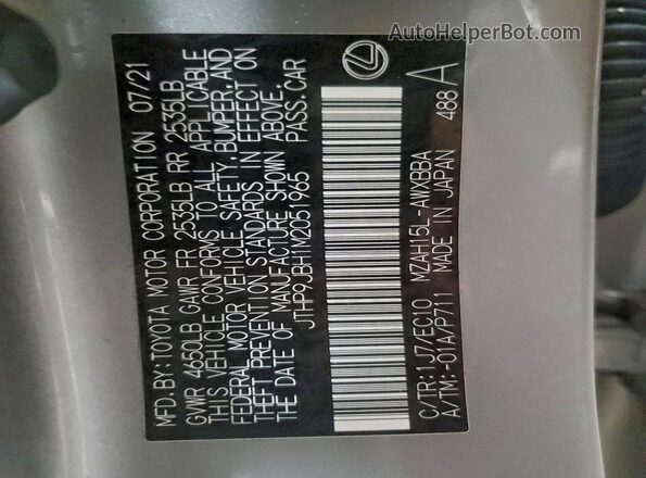 JTHP9JBH1M2051965 2021 LEXUS UX Silver Widok naklejki z numerem VIN