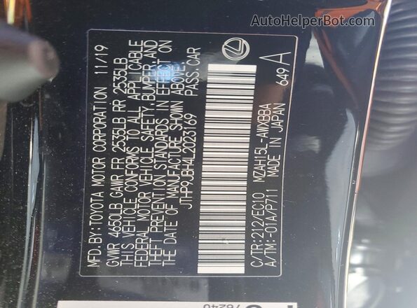 JTHP9JBH4L2023169 2020 LEXUS UX Black VIN sticker view