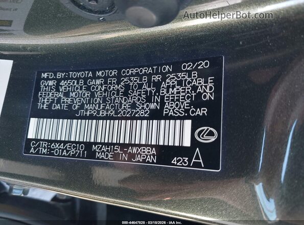 JTHP9JBH9L2027282 2020 LEXUS UX 250H Green Widok komory silnika