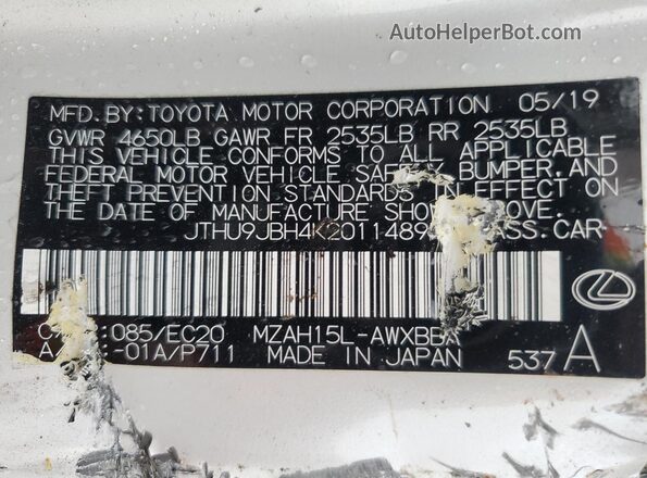 JTHU9JBH4K2011489 2019 LEXUS UX White VIN sticker view