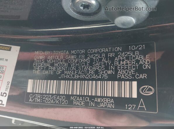 JTHX3JBHXN2046475 2022 LEXUS UX 200 Black Вид підкапотного простору