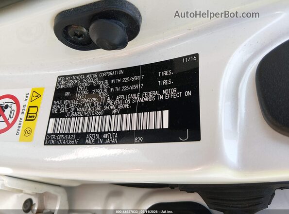 JTJBARBZ1H2107660 2017 LEXUS NX 200T White Вид підкапотного простору
