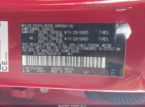 JTJGKCEZ7N2003147 2022 LEXUS NX 350H Красный Вид подкапотного пространства