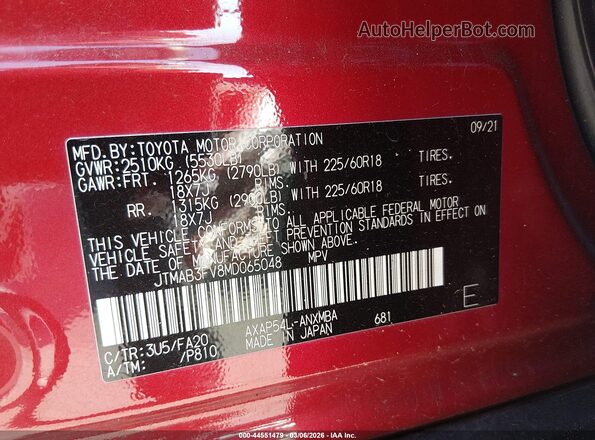 JTMAB3FV8MD065048 2021 TOYOTA RAV4 PRIME Red Widok komory silnika