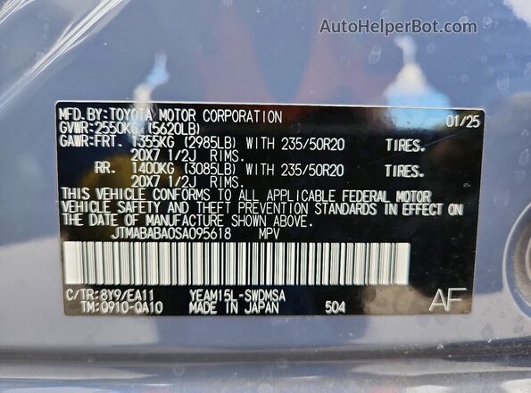 JTMABABA0SA095618 2025 SUBARU SOLTERRA Blue Widok naklejki z numerem VIN