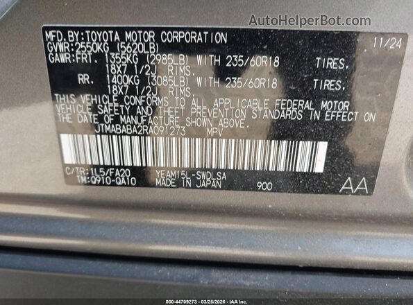 JTMABABA2RA091273 2024 SUBARU SOLTERRA Gray Widok naklejki z numerem VIN