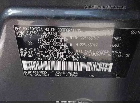 JTMBFREV0JJ734939 2018 TOYOTA LE Gray Вид підкапотного простору