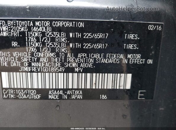 JTMBFREV1GD189549 2016 TOYOTA LE Gray Widok komory silnika