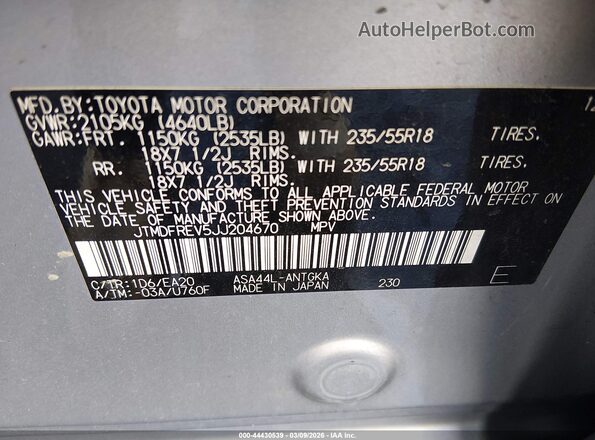 JTMDFREV5JJ204670 2018 TOYOTA LIMITED Silver Engine compartment view