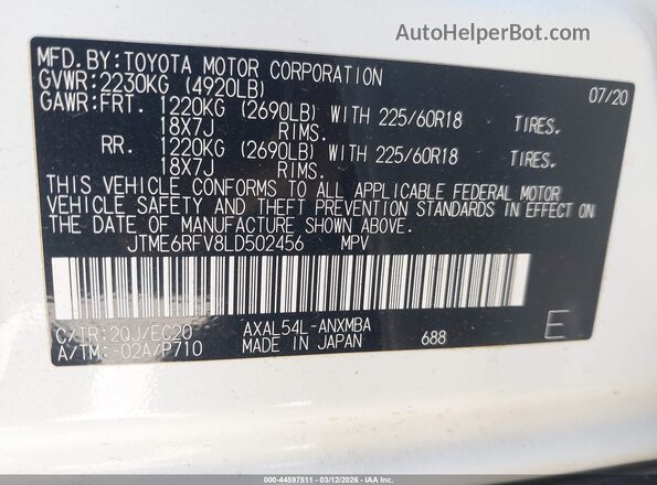 JTME6RFV8LD502456 2020 TOYOTA RAV4 HYBRID White Շարժիչի բաժամունքի տեսք