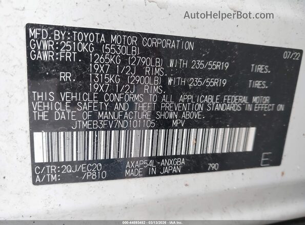 JTMEB3FV7ND101105 2022 TOYOTA RAV4 PRIME White Widok komory silnika