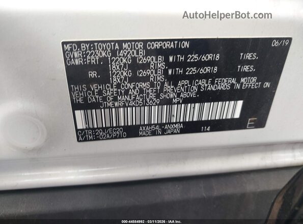 JTMEWRFV4KD513629 2019 TOYOTA RAV4 HYBRID White Widok komory silnika