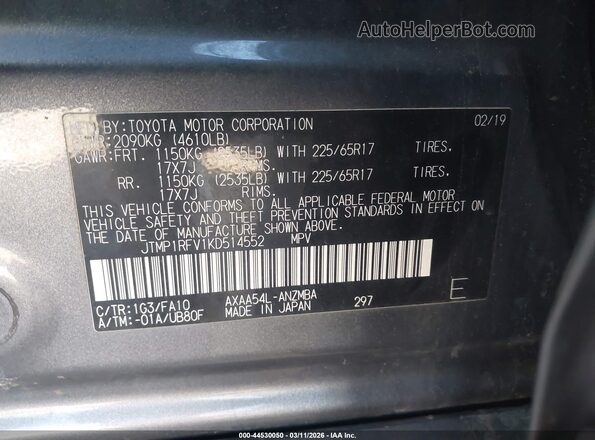 JTMP1RFV1KD514552 2019 TOYOTA LE Gray Widok komory silnika