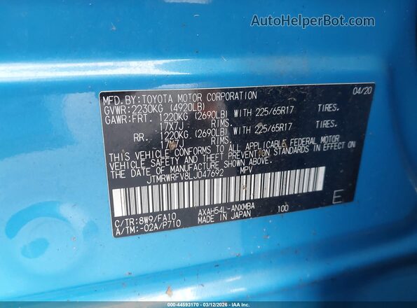 JTMRWRFV8LJ047692 2020 TOYOTA LE Синий Вид подкапотного пространства