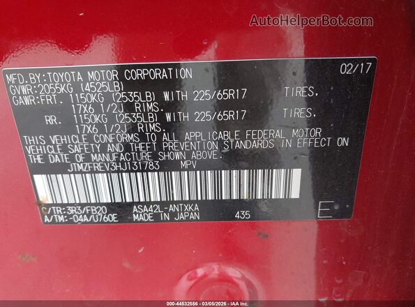 JTMZFREV3HJ131783 2017 TOYOTA LE Красный Вид подкапотного пространства