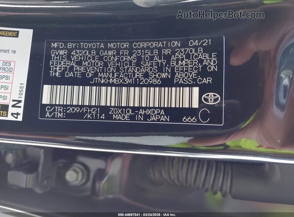 JTNKHMBX3M1120986 2021 TOYOTA LE Black Вид підкапотного простору