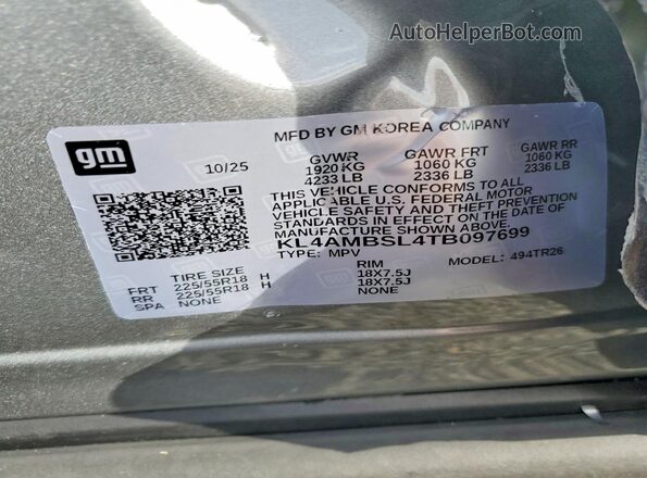 KL4AMBSL4TB097699 2026 BUICK ENCORE Серый Вид наклейки с VIN-кодом