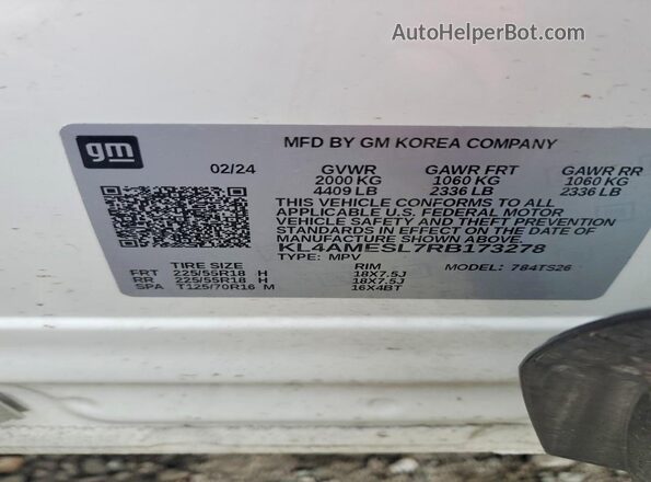KL4AMESL7RB173278 2024 BUICK ENCORE White Widok naklejki z numerem VIN