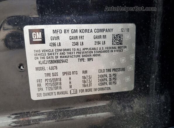 KL4CJ1SB0KB829442 2019 BUICK ENCORE Черный Вид наклейки с VIN-кодом