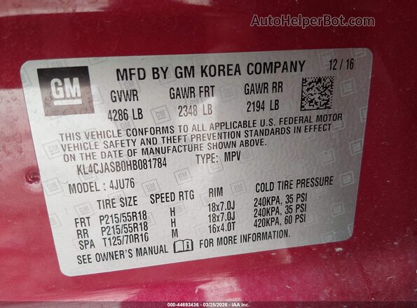 KL4CJASB0HB081784 2017 BUICK ENCORE Бордовый Вид подкапотного пространства