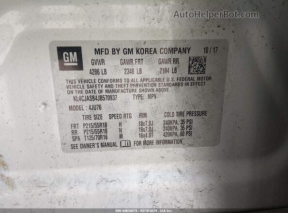 KL4CJASB4JB570937 2018 BUICK ENCORE Silver Вид підкапотного простору