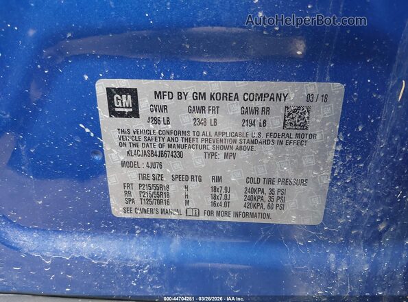 KL4CJASB4JB674330 2018 BUICK ENCORE Blue Вид підкапотного простору