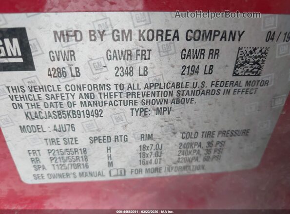 KL4CJASB5KB919492 2019 BUICK ENCORE Красный Вид подкапотного пространства