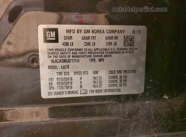 KL4CJASB6JB717114 2018 BUICK ENCORE Черный Вид наклейки с VIN-кодом