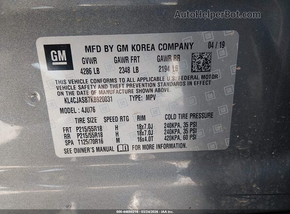 KL4CJASB7KB920031 2019 BUICK ENCORE Gray Widok komory silnika