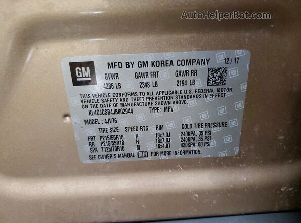 KL4CJCSB4JB602944 2018 BUICK ENCORE Золотой Вид наклейки с VIN-кодом