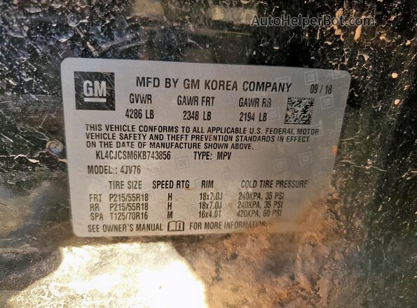KL4CJCSM6KB743856 2019 BUICK ENCORE Черный Вид наклейки с VIN-кодом
