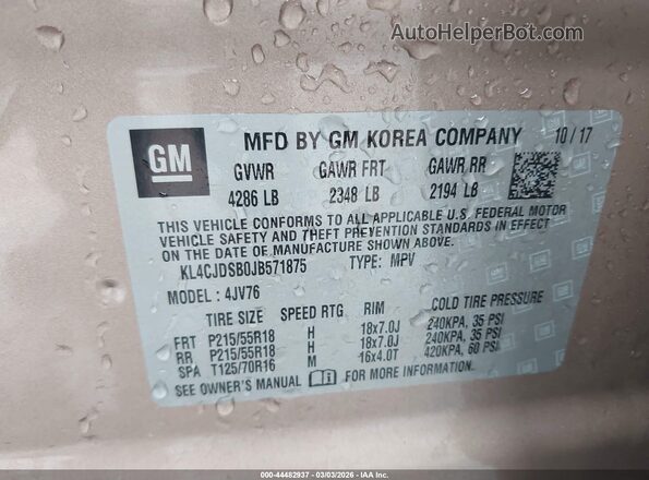 KL4CJDSB0JB571875 2018 BUICK ENCORE Коричневый Вид подкапотного пространства